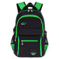 Green waterproof nylon schoolbag for students with side mesh pocket and multiple compartments.