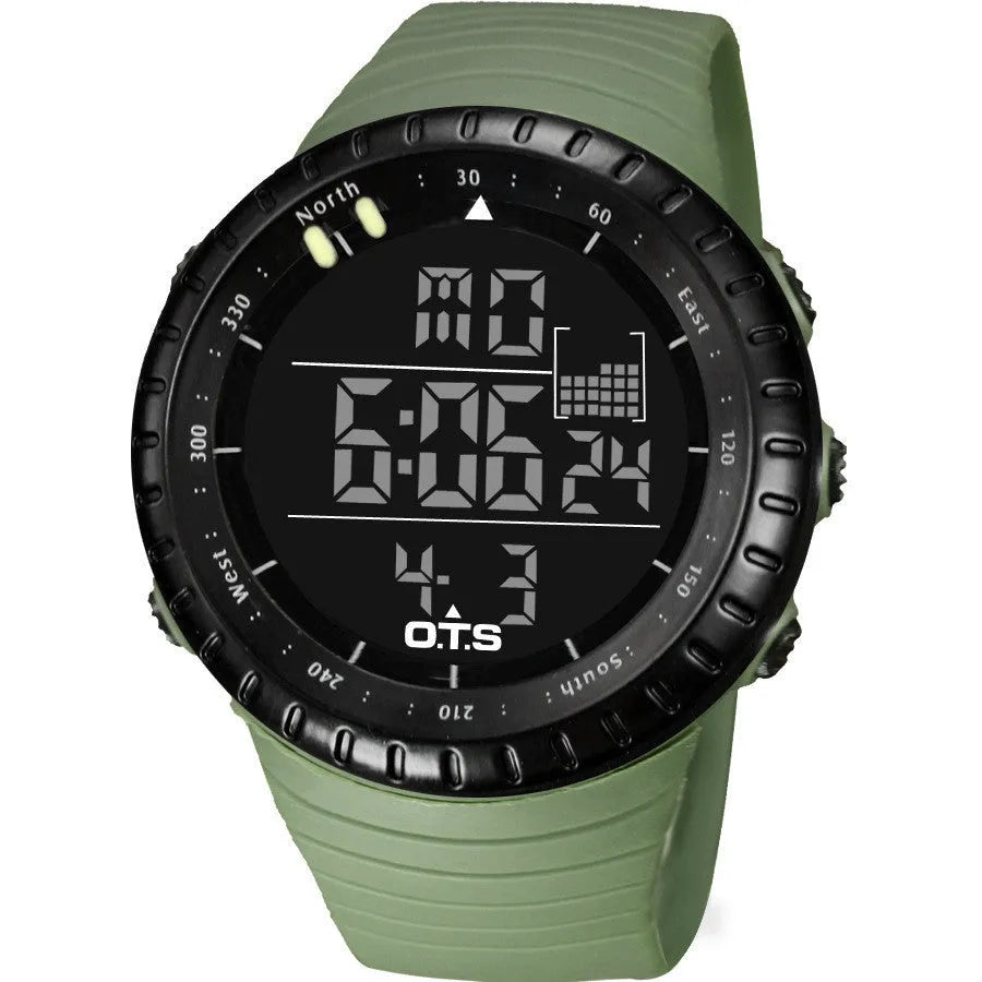 Sports electronic watch with round dial, rubber strap, and 50m waterproof rating in black colour