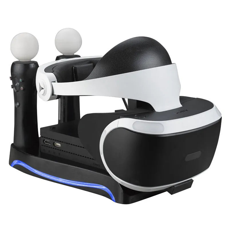 Black ABS plastic charging dock for two PlayStation PS4 VR motion controllers.