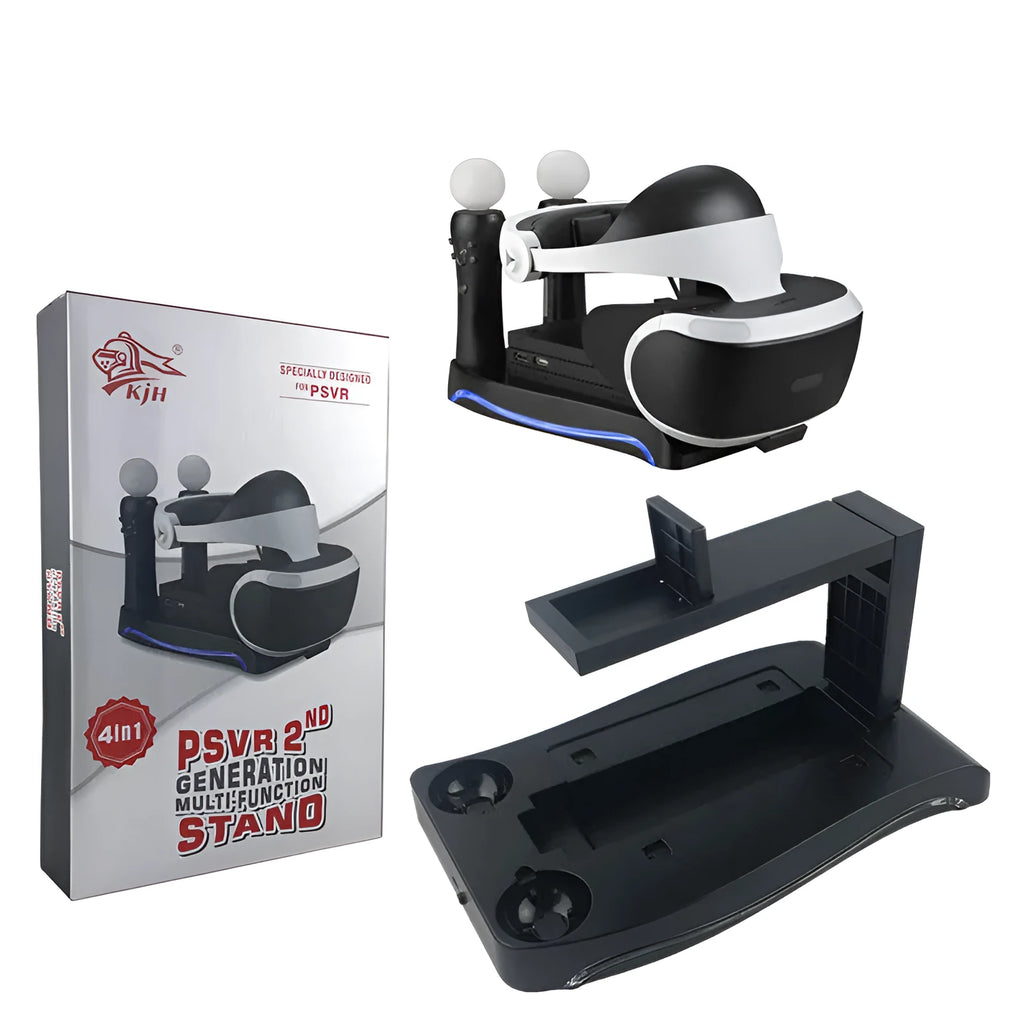 Black ABS plastic charging dock for two PlayStation PS4 VR motion controllers.