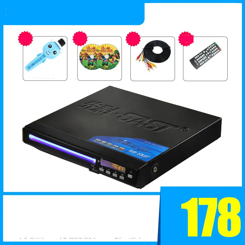 SAST SA208 silver portable DVD player with tray open and USB port visible on front panel.