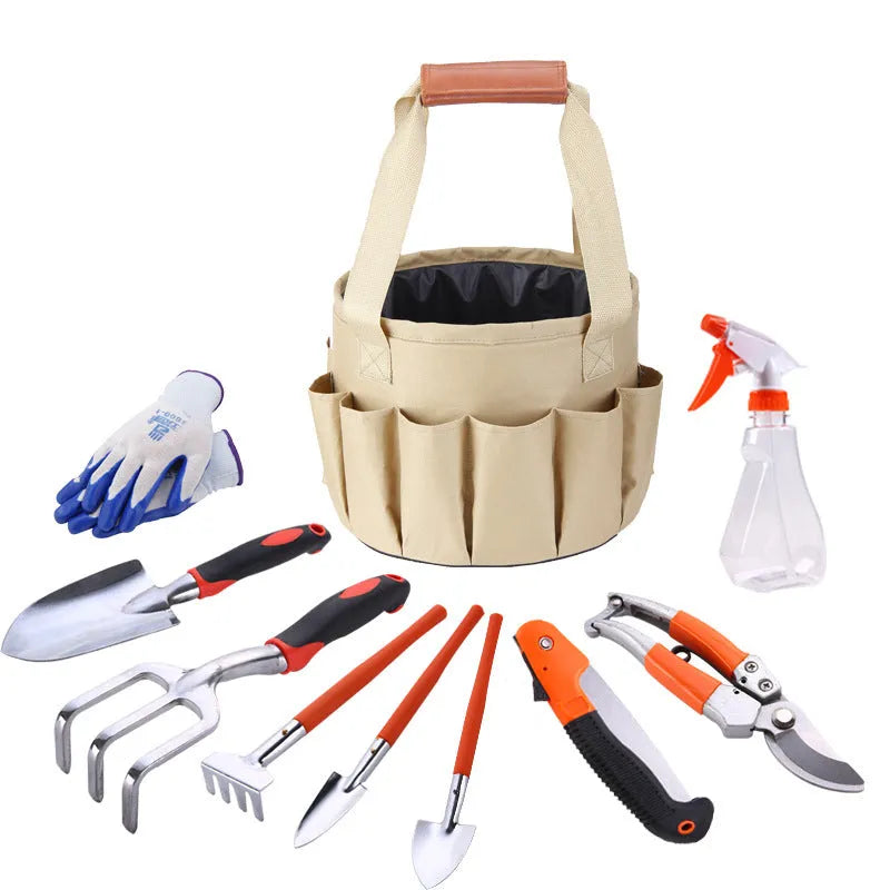 Mini bonsai gardening tool kit with cream and green Oxford cloth storage bag containing aluminium alloy tools