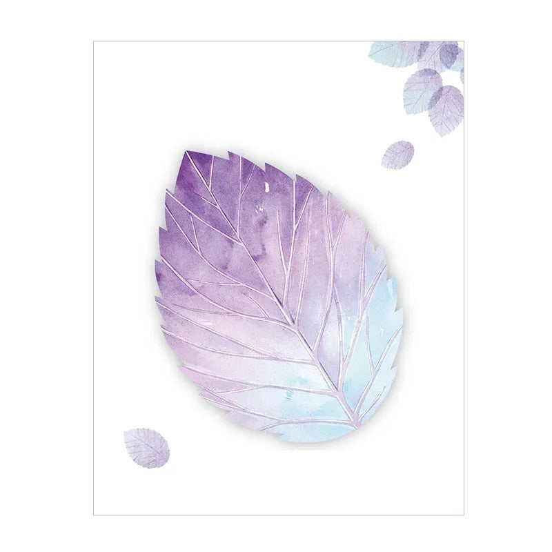 Leaf-shaped sticky notes with botanical designs including water lily, plantain, and maple leaf patterns