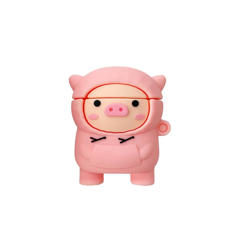 Pink silicone AirPods case cover with cartoon pig design and a metal carry hook.