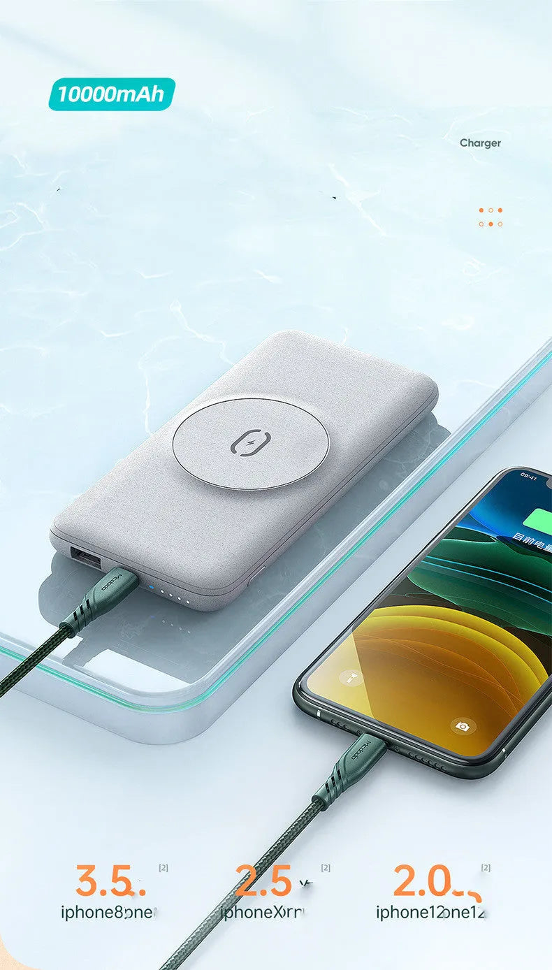 Mint green Maiduo Magsafe magnetic power bank clipped to the back of an iPhone