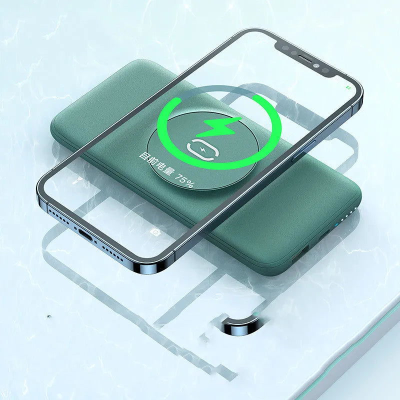Mint green Maiduo Magsafe magnetic power bank clipped to the back of an iPhone