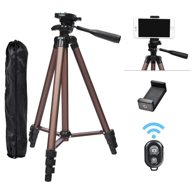 Black aluminium Bluetooth tripod extended to 1.3m with phone holder and remote.
