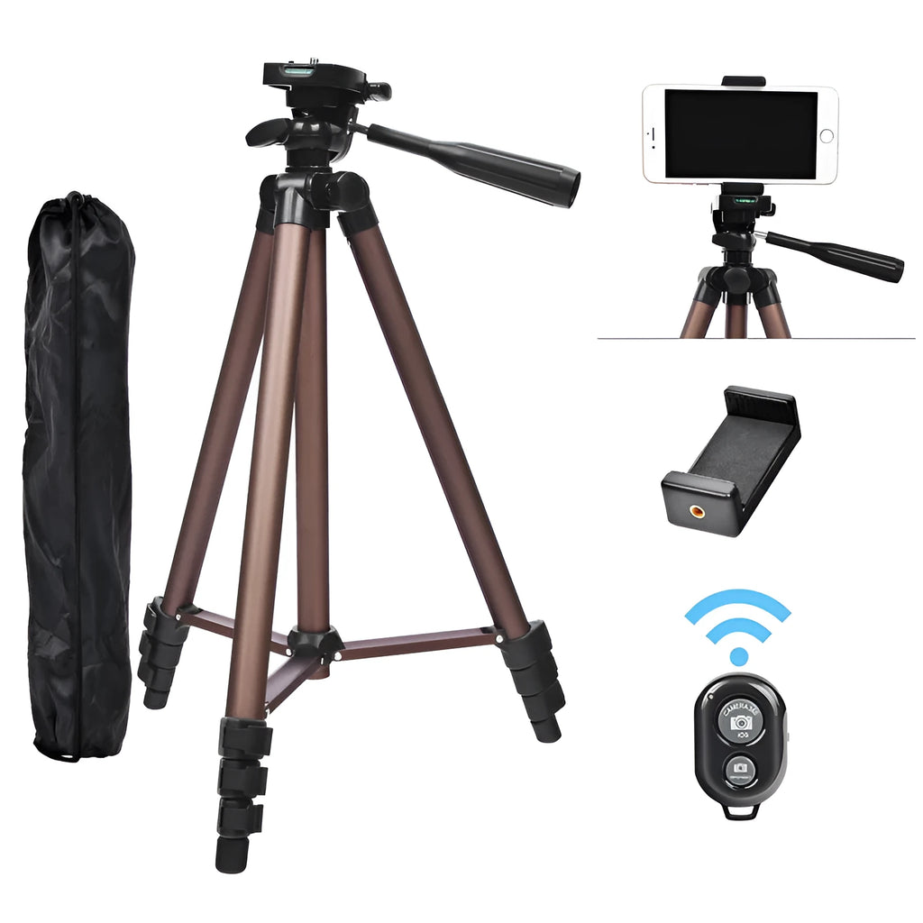 Black aluminium Bluetooth tripod extended to 1.3m with phone holder and remote.