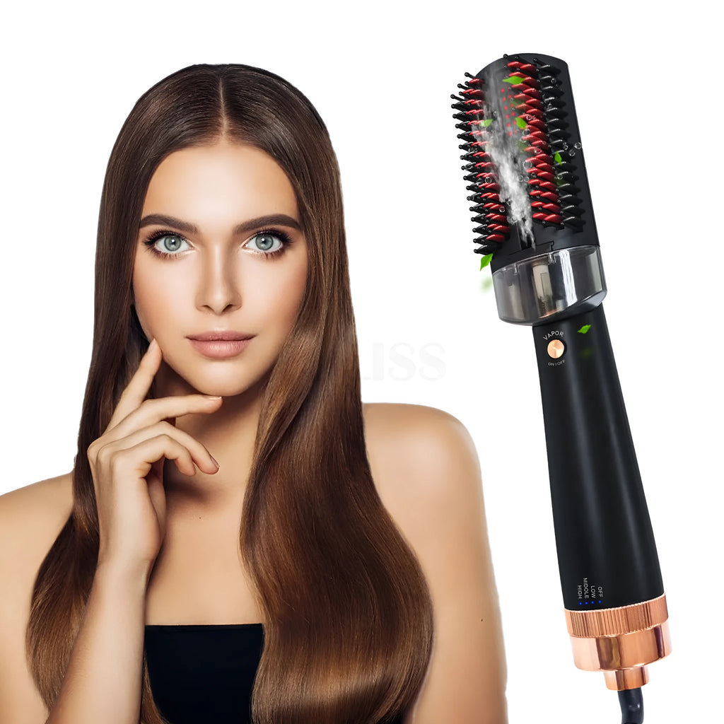 Black and pink hot air styling brush with ceramic tourmaline plates and infrared technology