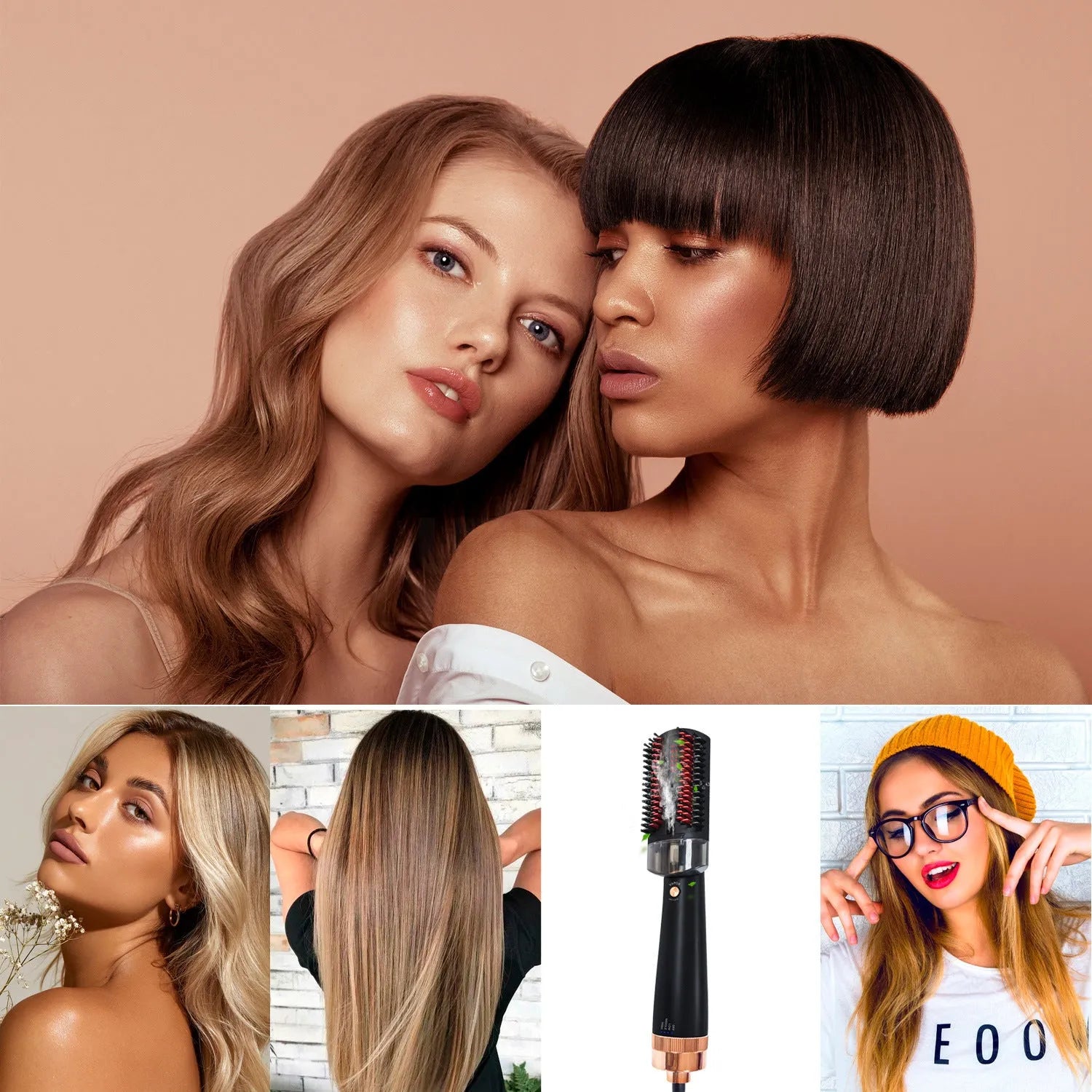Black and pink hot air styling brush with ceramic tourmaline plates and infrared technology