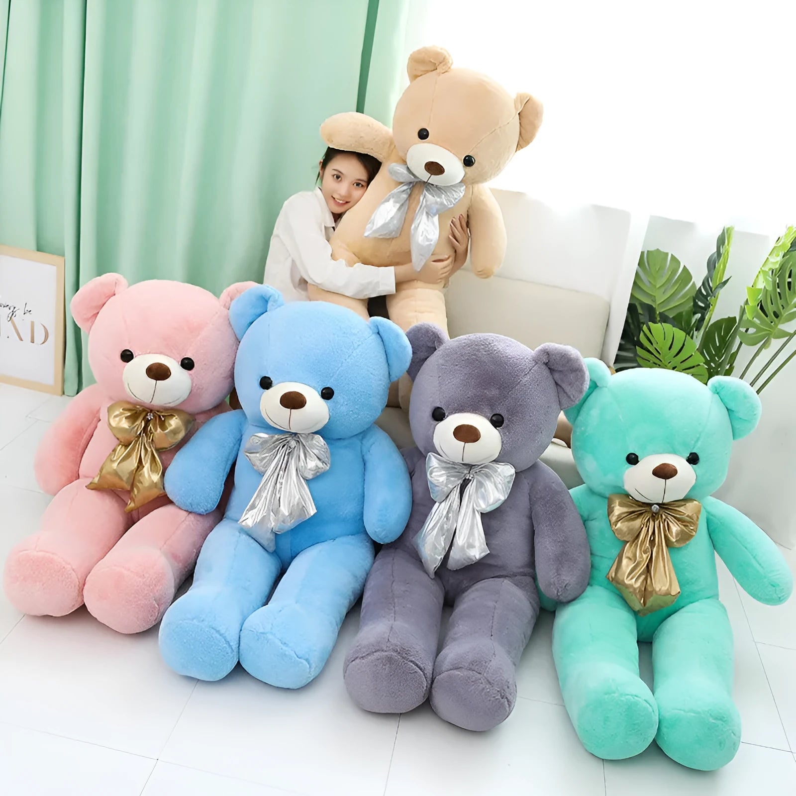 Macaron colour teddy bear plush toy pillow with soft short plush fabric in pink