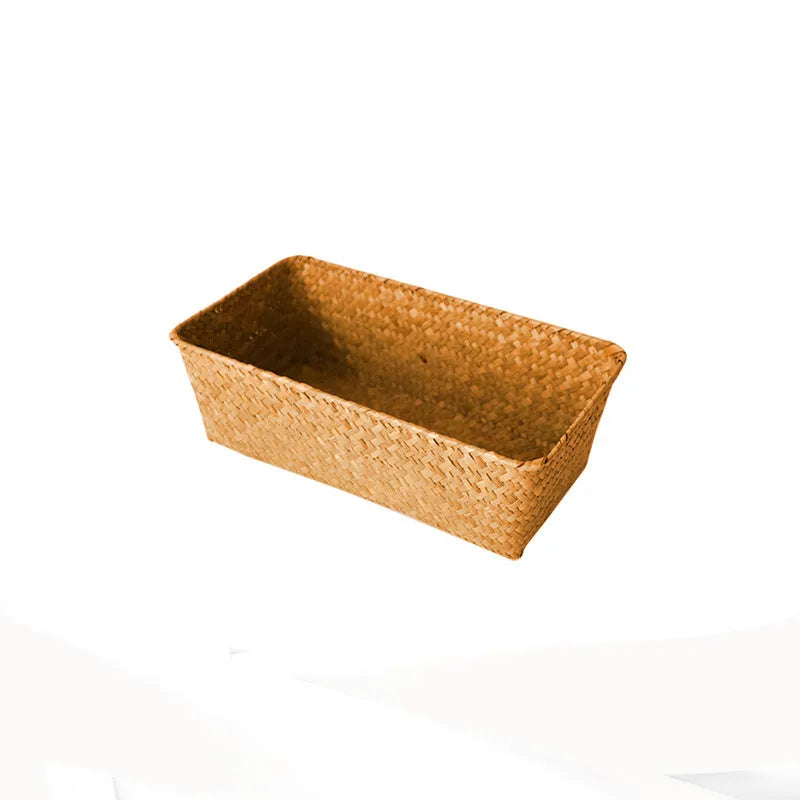 Natural straw desk storage box with woven construction in multiple size options for office and home organisation