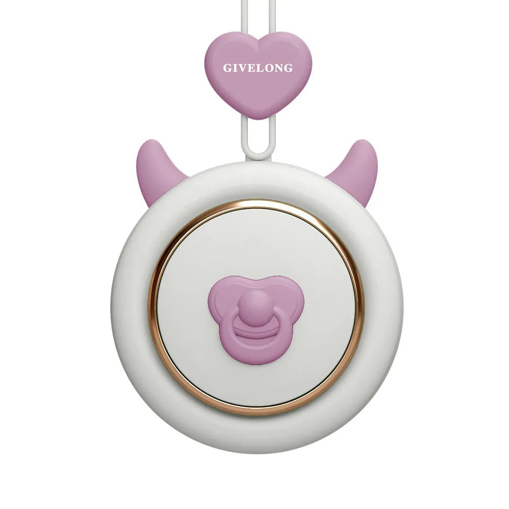 Mini bladeless neck fan with hanging rope worn around a person's neck, showing USB charging port.