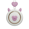 Mini bladeless neck fan with hanging rope worn around a person's neck, showing USB charging port.