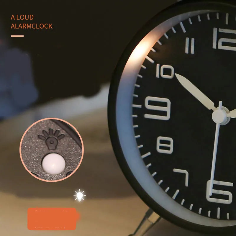Big Sound Metal Alarm Clock with black metal case, 4-inch luminous dial, and metal bells on top