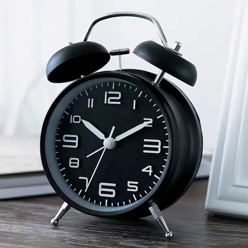 Big Sound Metal Alarm Clock with black metal case, 4-inch luminous dial, and metal bells on top