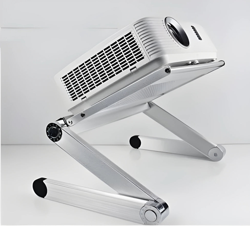 Aluminium alloy folding desktop tripod hanger with projector tray in white or black options
