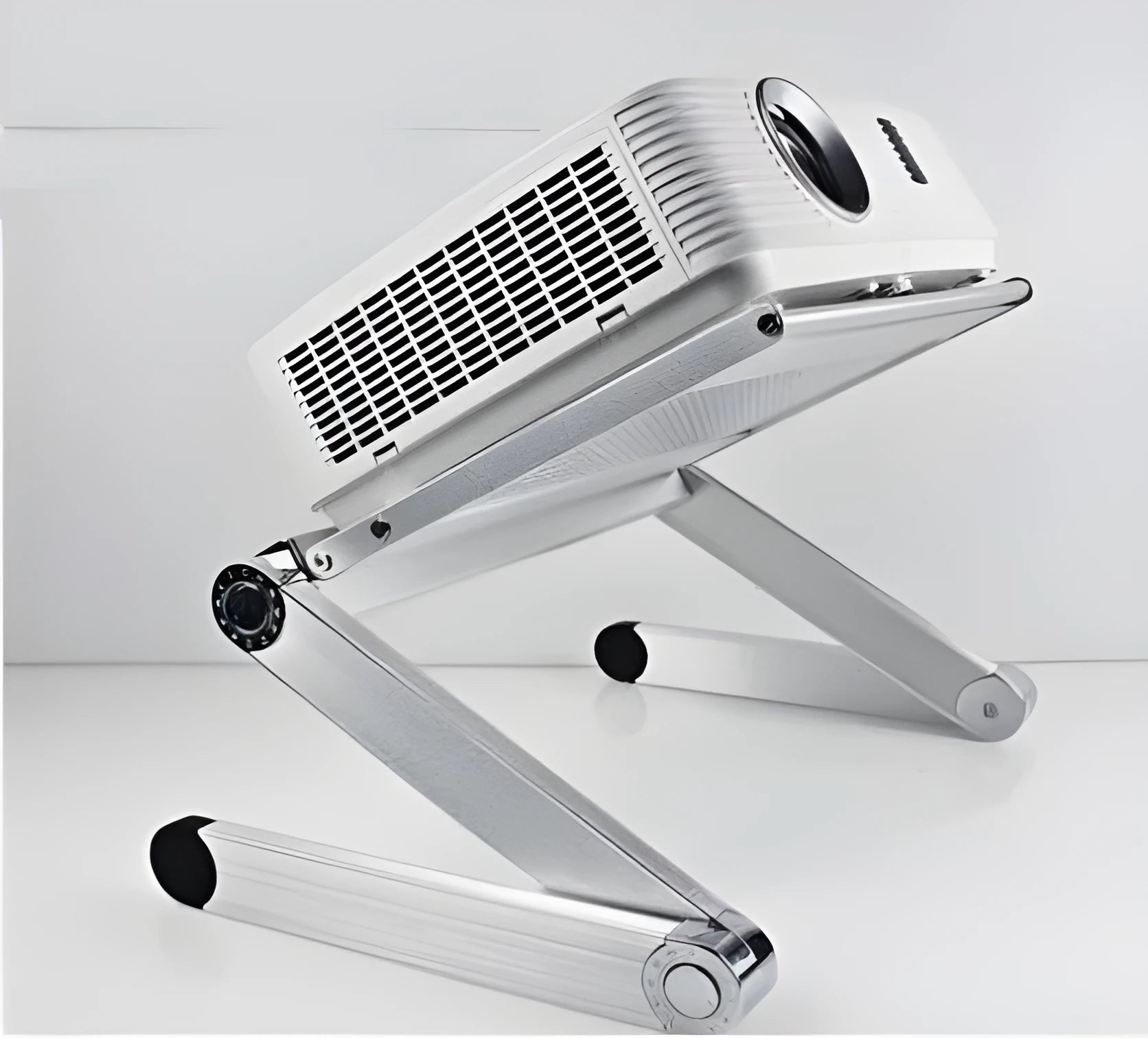 Aluminium alloy folding desktop tripod hanger with projector tray in white or black options