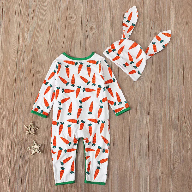Red long-sleeve cotton baby romper jumpsuit for infants on a white background.