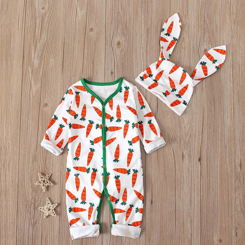 Red long-sleeve cotton baby romper jumpsuit for infants on a white background.