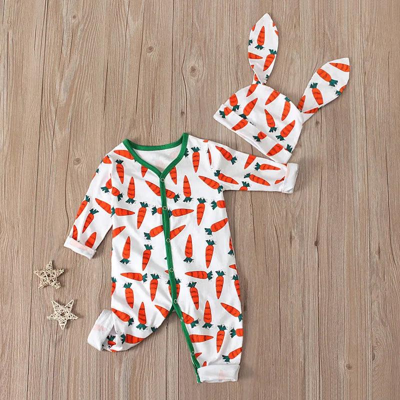 Red long-sleeve cotton baby romper jumpsuit for infants on a white background.