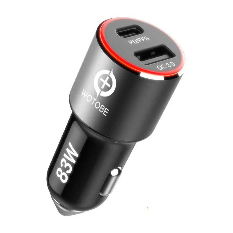 83W dual-port fast car charger plugged into a 12V socket with a laptop and phone connected via USB-C and QC3.0 cables.