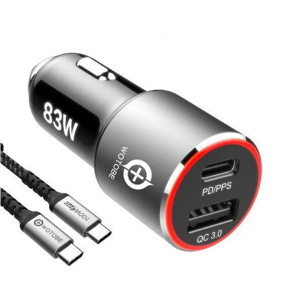 83W dual-port fast car charger plugged into a 12V socket with a laptop and phone connected via USB-C and QC3.0 cables.