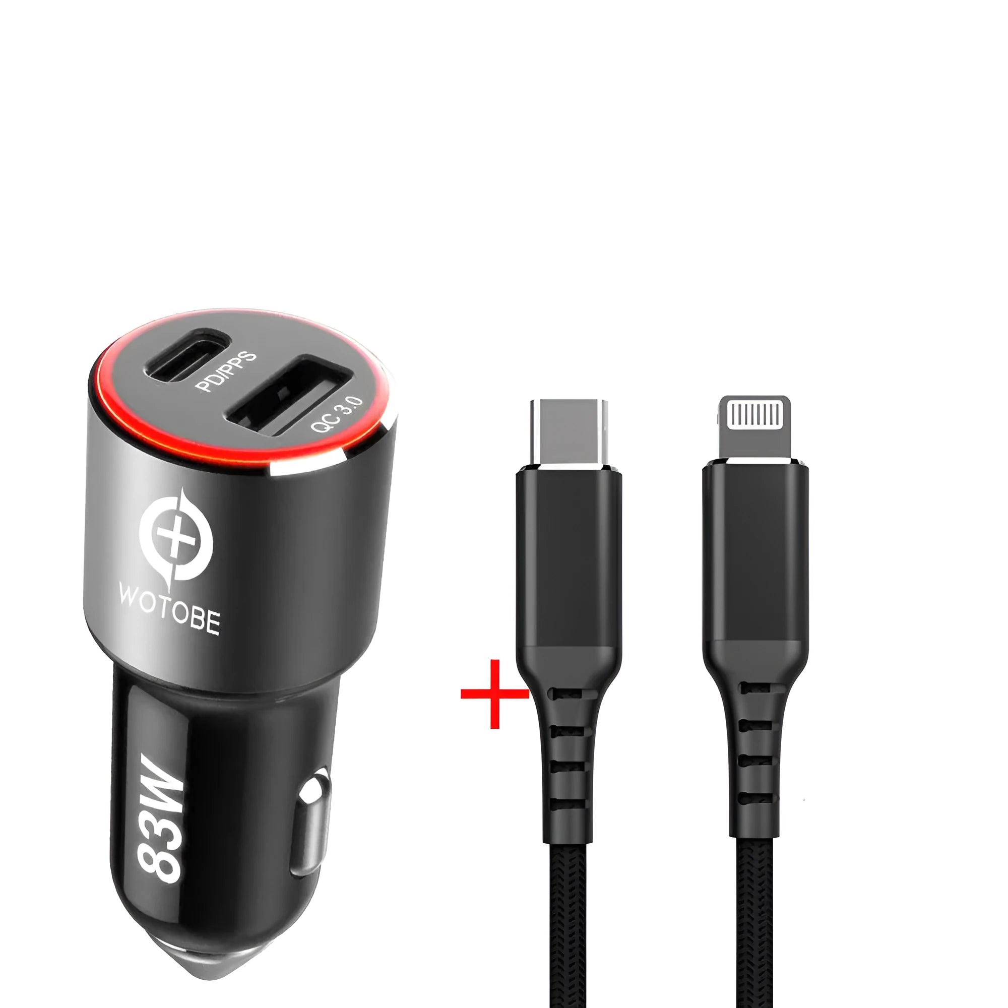83W dual-port fast car charger plugged into a 12V socket with a laptop and phone connected via USB-C and QC3.0 cables.