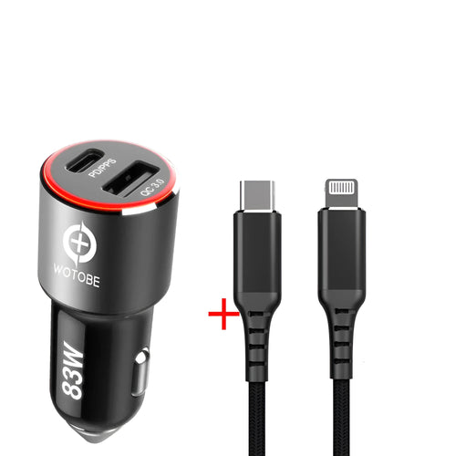 83W dual-port fast car charger plugged into a 12V socket with a laptop and phone connected via USB-C and QC3.0 cables.