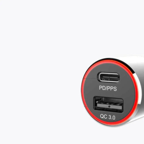 83W dual-port fast car charger plugged into a 12V socket with a laptop and phone connected via USB-C and QC3.0 cables.