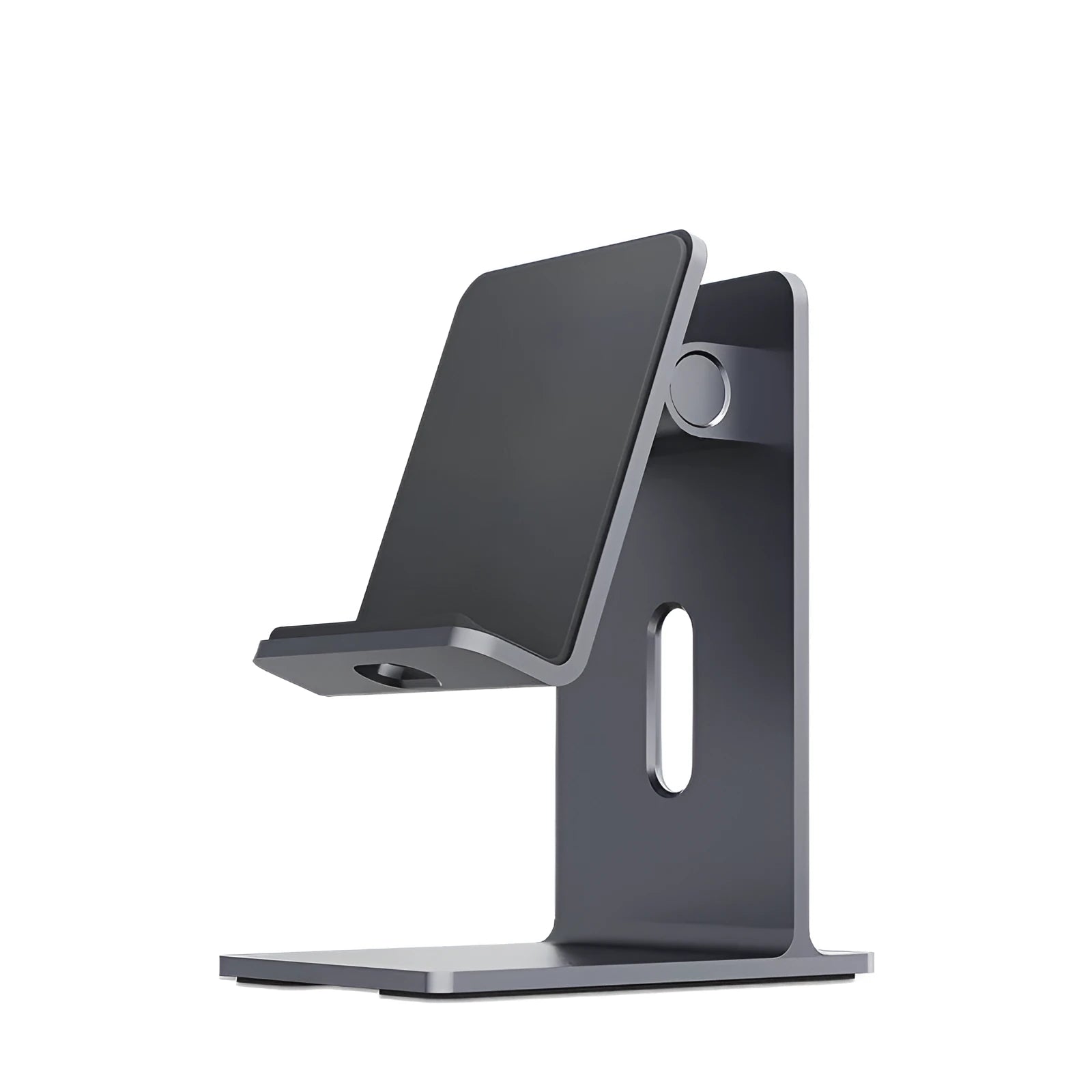 Dark Space Grey zinc alloy mobile phone holder with adjustable lazy bracket arm holding a smartphone on a desk.