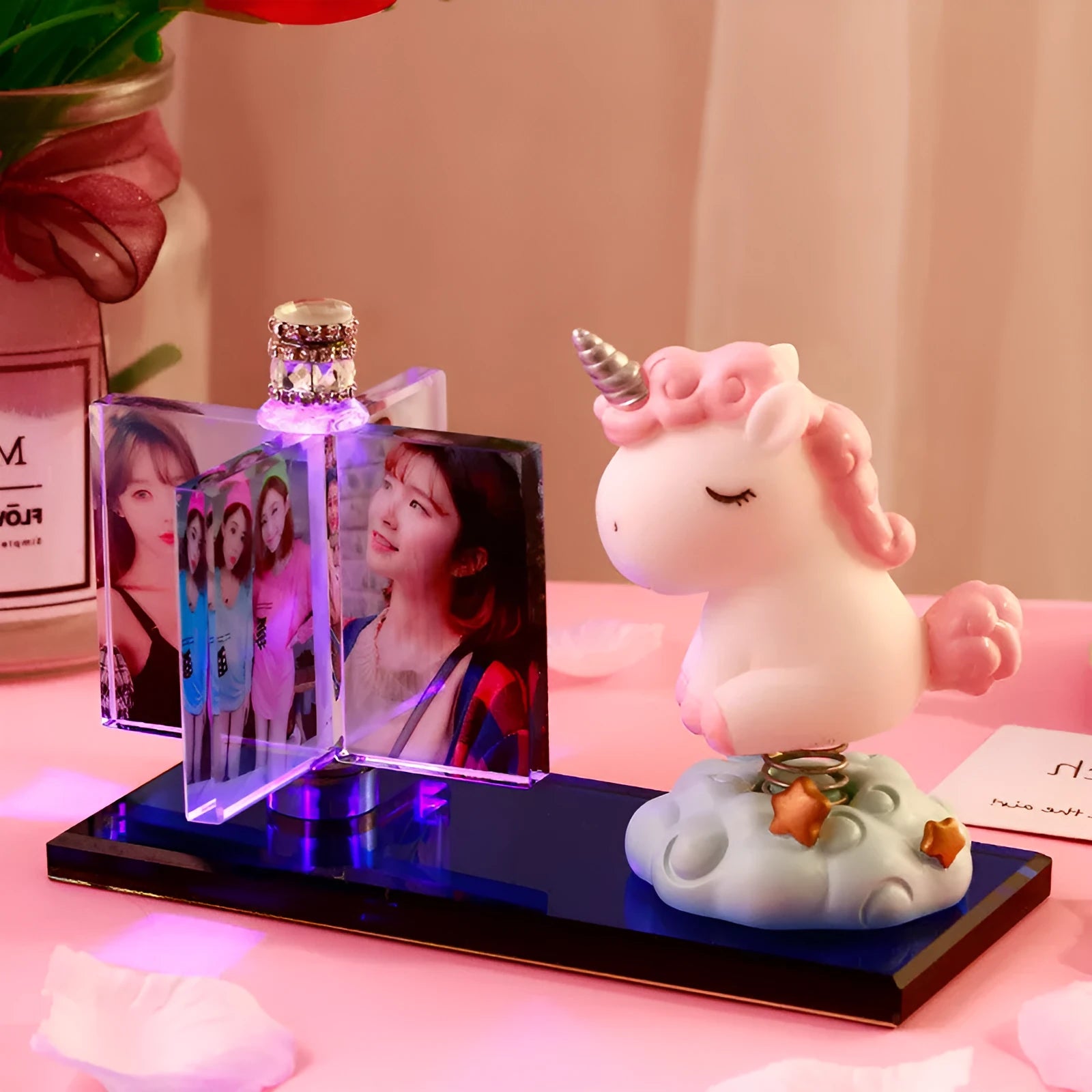 Handmade crystal car perfume decoration with luminous colour and custom photo, girly heart style, attached to car vent