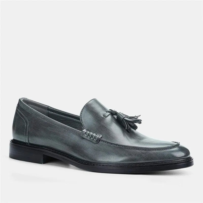 Men's brown formal leather loafers with tassels, PU upper, composite sole, low-cut round toe design on a clean background