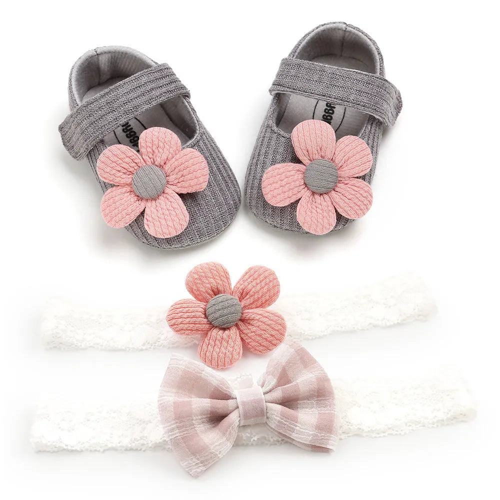 Baby soft-soled cotton toddler princess shoes with Velcro closure and matching headband set in pink