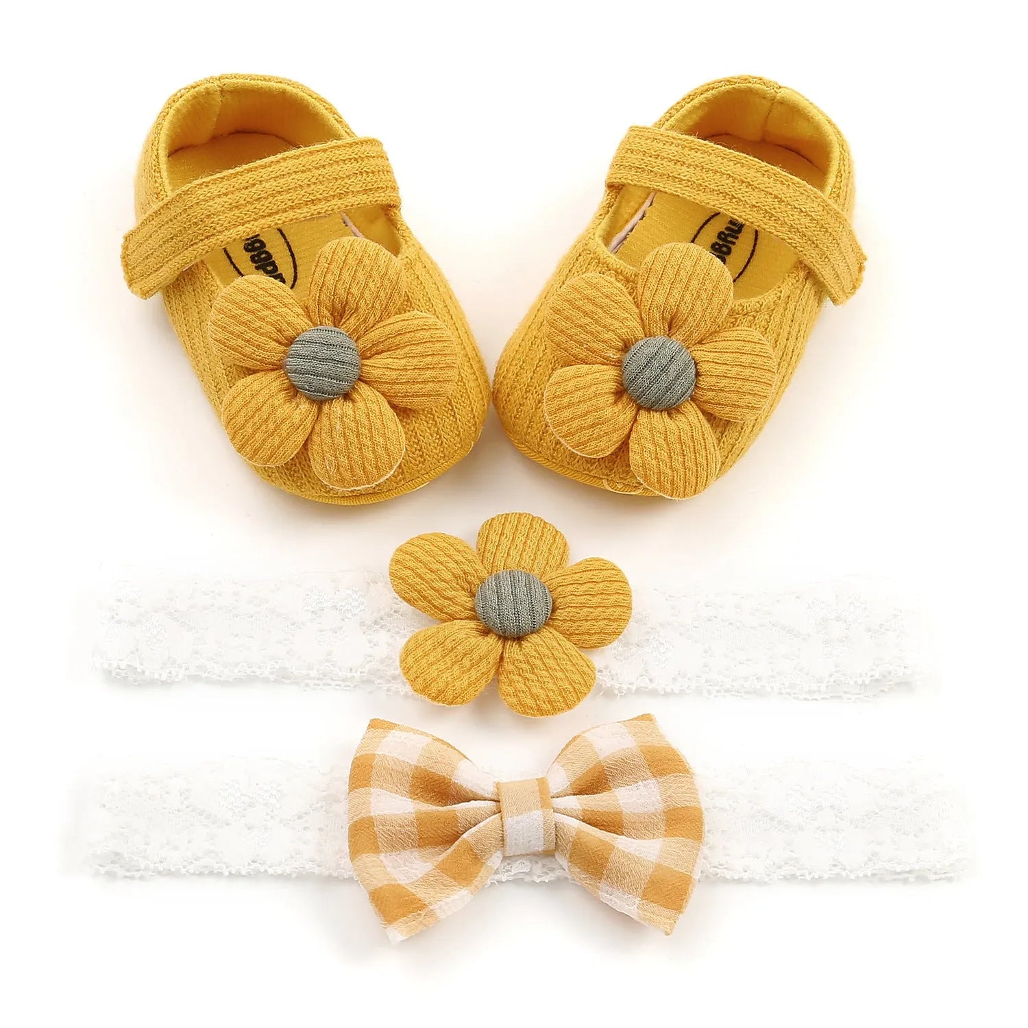 Baby soft-soled cotton toddler princess shoes with Velcro closure and matching headband set in pink