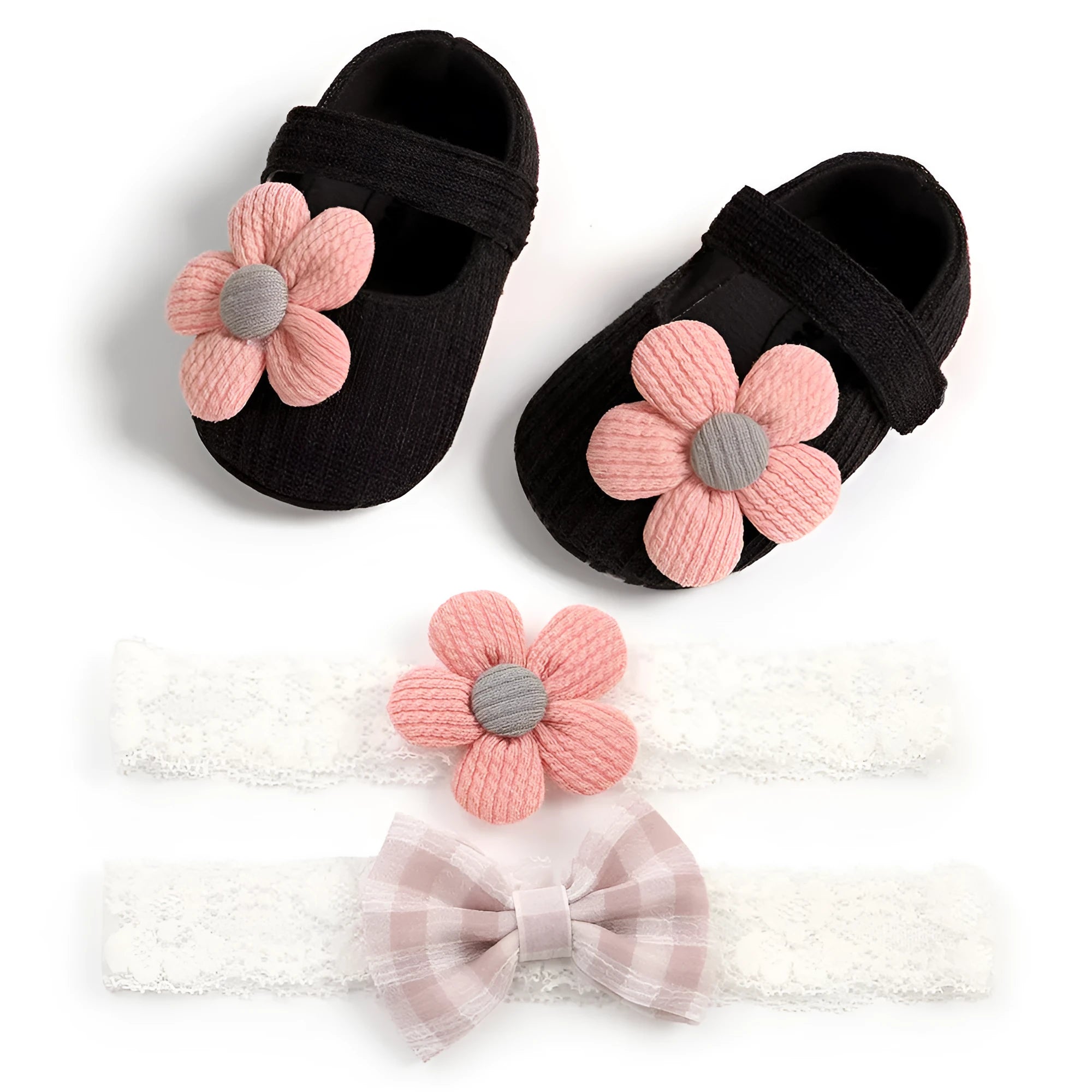 Baby soft-soled cotton toddler princess shoes with Velcro closure and matching headband set in pink
