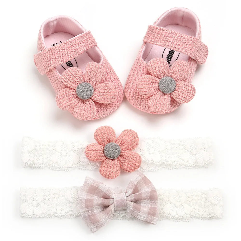 Baby soft-soled cotton toddler princess shoes with Velcro closure and matching headband set in pink