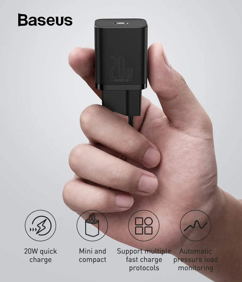 Black Baseus Super Si USB C fast charger 20W PD3.0 with European plug for iPhone 12 Pro Max