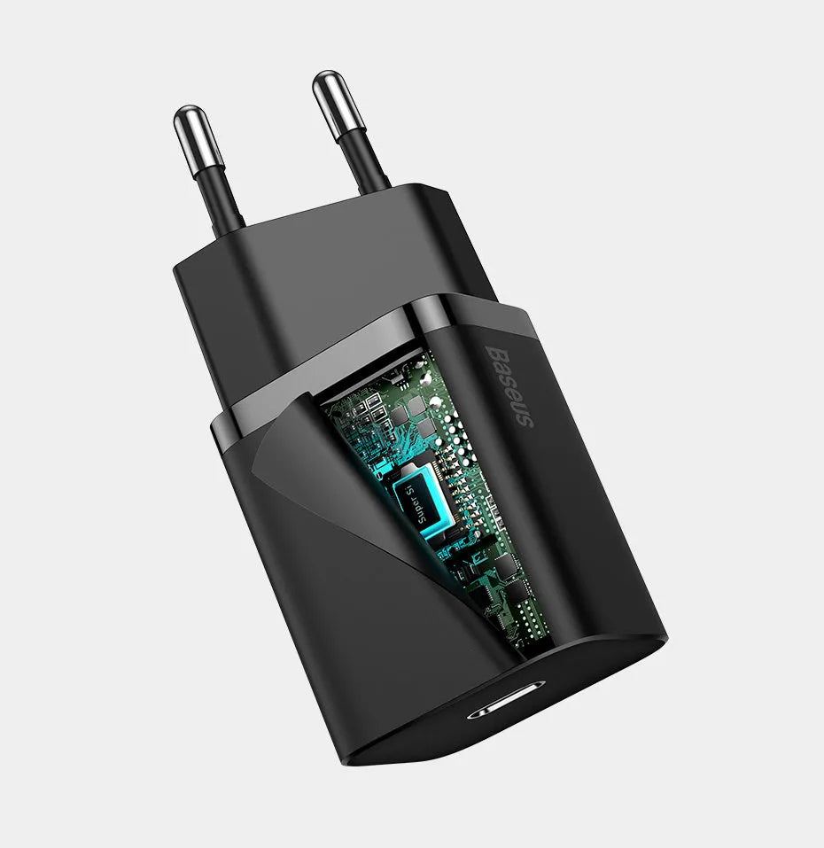 Black Baseus Super Si USB C fast charger 20W PD3.0 with European plug for iPhone 12 Pro Max