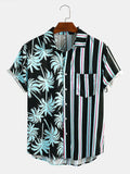 Men's short-sleeved coconut print holiday shirt with striped stitching in light green