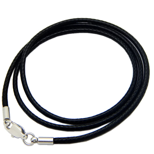 Adjustable black wax rope lanyard necklace with a gold stainless steel buckle shown at various lengths.
