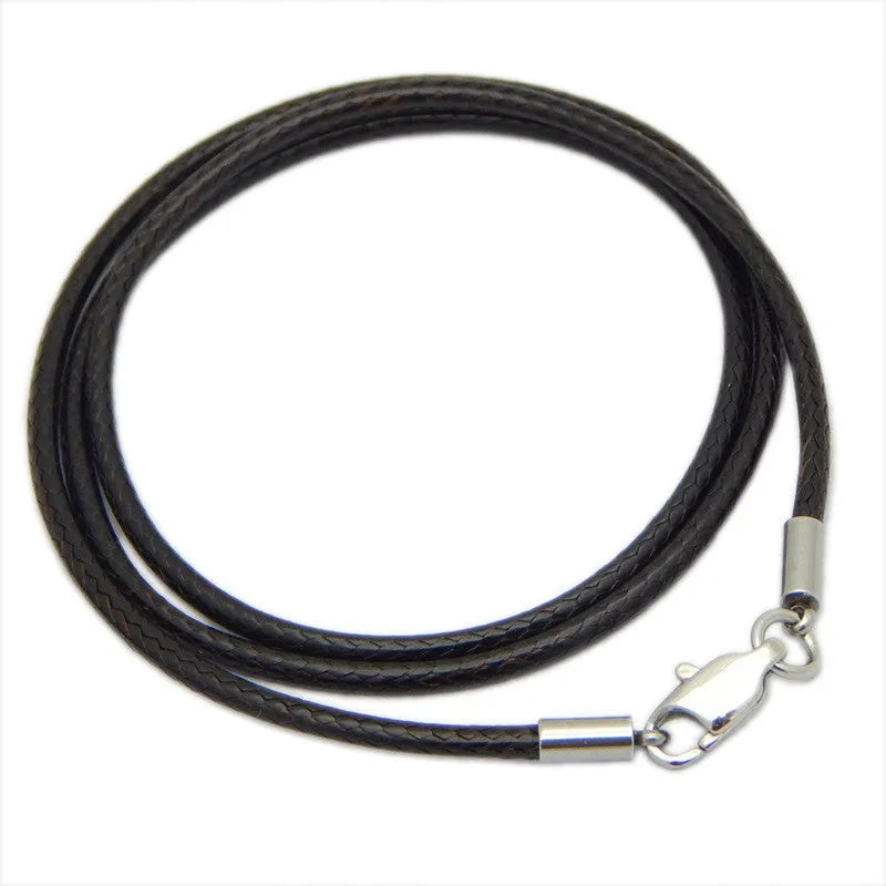 Adjustable black wax rope lanyard necklace with a gold stainless steel buckle shown at various lengths.