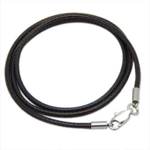 Adjustable black wax rope lanyard necklace with a gold stainless steel buckle shown at various lengths.