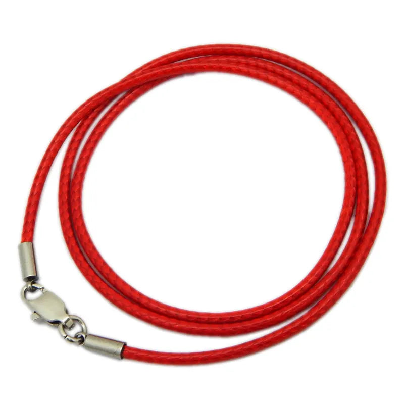Adjustable black wax rope lanyard necklace with a gold stainless steel buckle shown at various lengths.