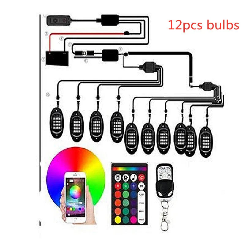 10-pod RGB rock light kit in black, with APP and remote control, IP68 waterproof, installed under a truck showing color options