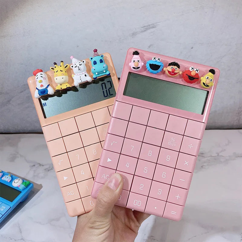 Cute cartoon real voice multi function big button calculator in orange with LED display on desk