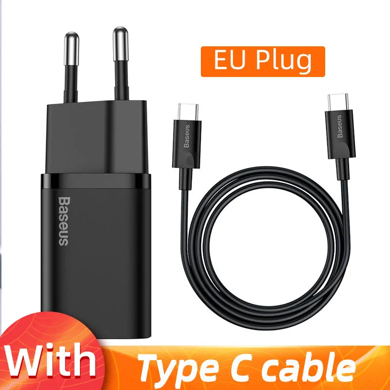 Black Baseus Super Si USB C fast charger 20W PD3.0 with European plug for iPhone 12 Pro Max