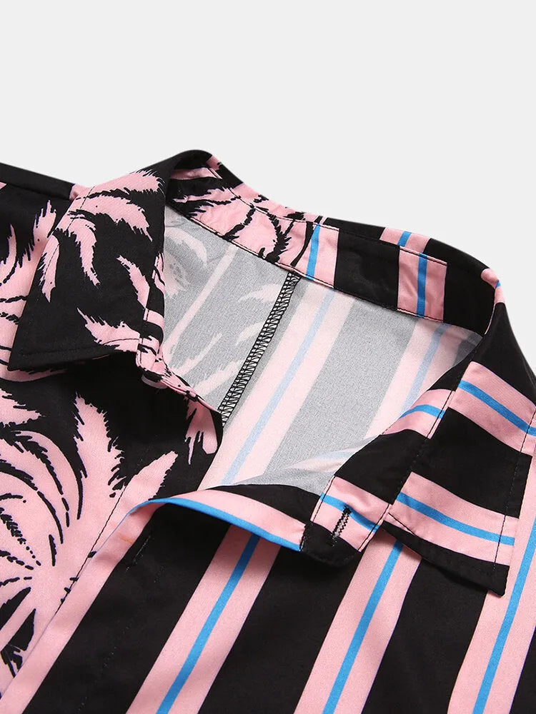 Men's short-sleeved coconut print holiday shirt with striped stitching in light green