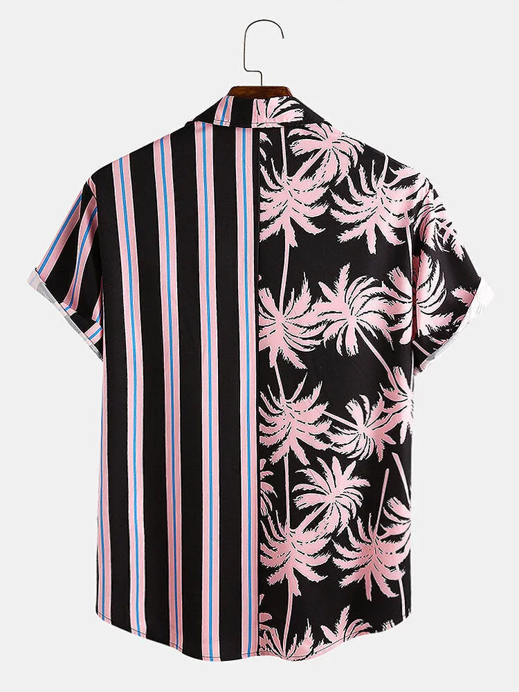 Men's short-sleeved coconut print holiday shirt with striped stitching in light green