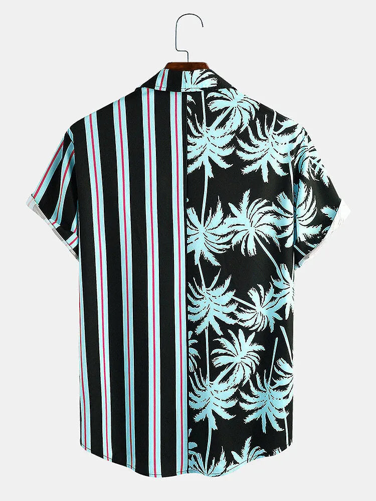 Men's short-sleeved coconut print holiday shirt with striped stitching in light green